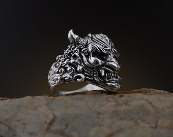 Anillo de máscara Hannya de plata, anillo de demonio gótico para hombres, anillo de máscara Oni japonesa, joyería japonesa, regalo de joyería punk, anillo de mitología para hombres