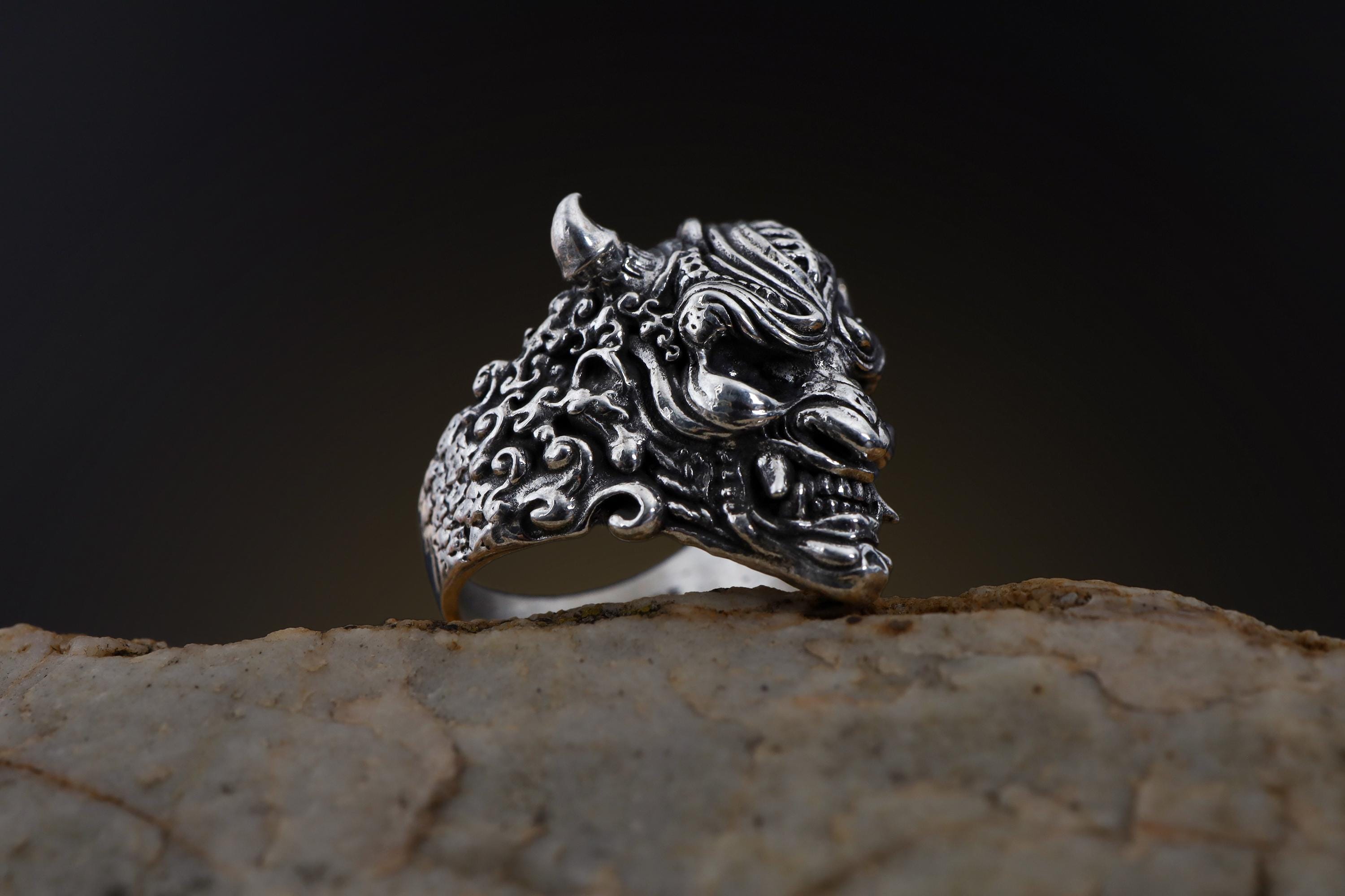 Japanese Oni Hannya Mask Ring: Sterling Silver Gothic Demon Ring