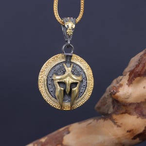 Gold Plated Celtic Spartacus Necklace, Unique Necklace for Men, Spartacus Warrior Helmet Necklace, Gold Spartan Jewelry, Medallion Necklace
