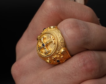 Gold Plated Maltese Cross Ring for Men | Medieval Signet Gothic Jewelry | Templar Cross Warrior Statement Gift