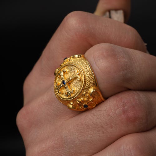Gold Plated Maltese Cross Ring for Men | Medieval Signet Gothic