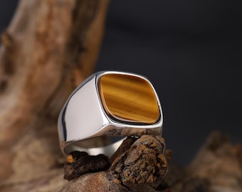Anillo de ojo de tigre natural, anillo de sello para hombre de plata de ley 925, joyería llamativa hecha a mano con piedra preciosa para el dedo meñique.