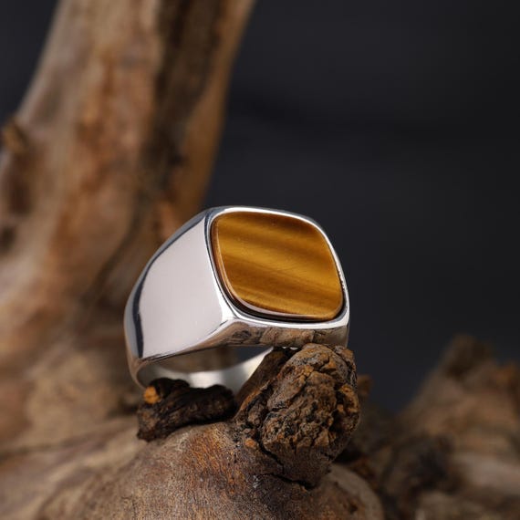 Lncs s925 Signet Tyger Eye Ring 箱付き Natural Tiger Eye Ring, 925 Sterling Silver Men's Signet, Handmade