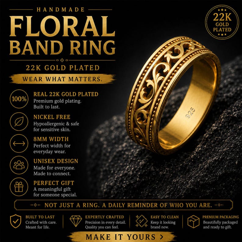 Puede incluir: Anillo de banda floral chapado en oro de 22K con un dise&ntilde;o intrincado. El anillo tiene 8 mm de ancho y presenta un patr&oacute;n detallado. El texto de la imagen dice "FLORAL BAND RING" y "WEAR WHAT MATTERS."