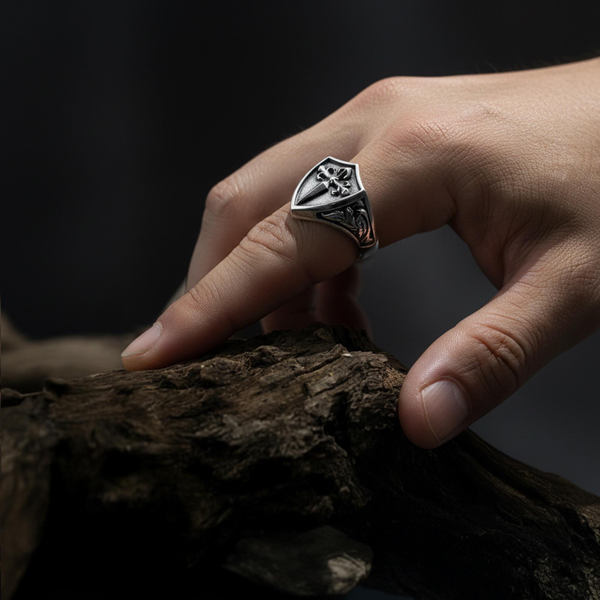 Handmade Sterling Silver Sword Shield Signet Ring: Medieval Gothic