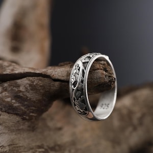 Japanese Art Band Ring, Japanese Hieroglyph Ring, Happiness Symbol Promise Ring, Sakura Flower Band Ring, Japanese Traditional Jewelry Gift
