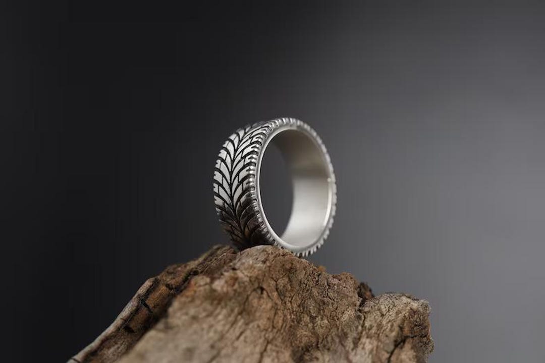 Sterling Silver Tire Tread Wedding Band: Handmade Biker Ring