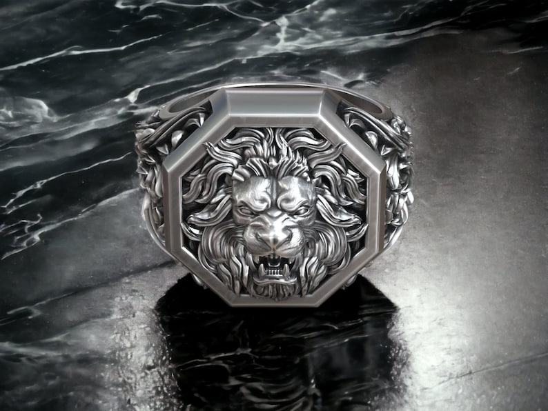Men Signet Lion Head Ring, Leo Zodiac Ring, Unique Ring for Man, Animal Signet Ring, Astrology Signet Ring, Victorian Men Ring image 3