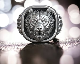 Viking Bear Head Nordic Ornament Antique Signet Ring, Roaring Bear Ring, 925K Silver Ring, Viking Silver Ring, Angry Bear Head Ring For Men
