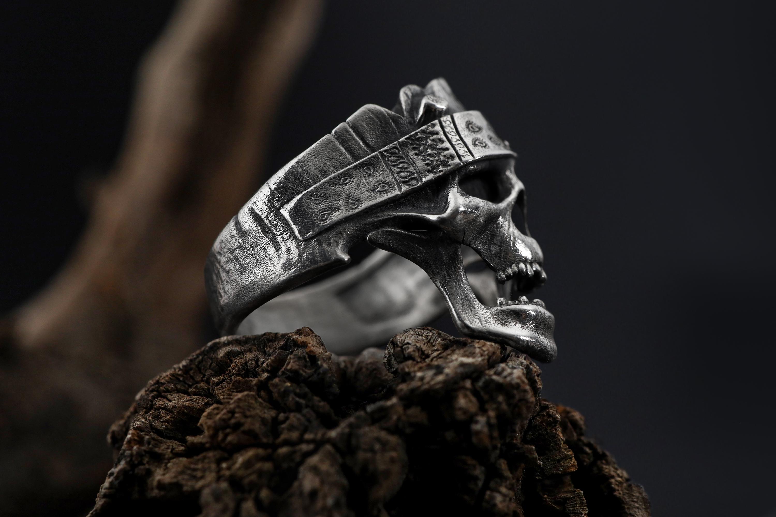Wooden Textured Sterling Silver Skull Ring, Bandana, Gothic Men - Etsy