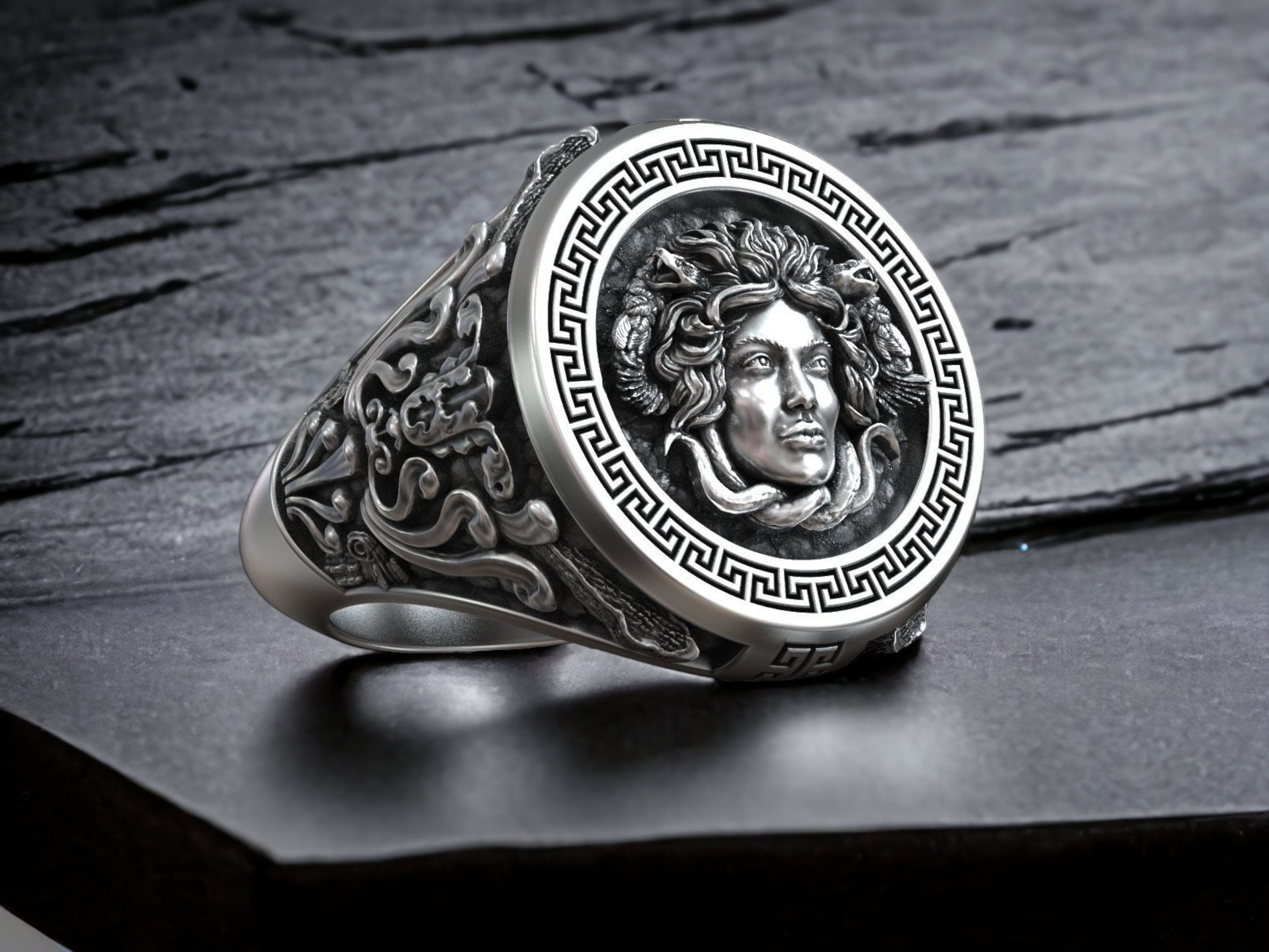 Statement Greek 925 Sterling Silver Gold Versace Style Medusa Men's Ring SZ  13 | eBay