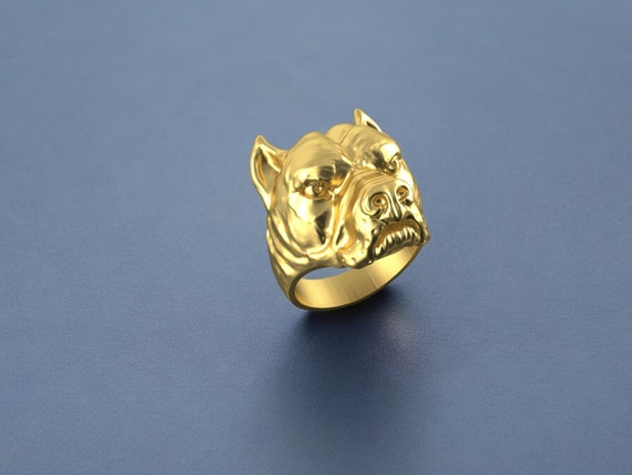 Yellow Gold Plated Pitbull Head Ring: Handcrafted Animal Jewelry 