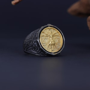 Sterling Silver Da Vinci Vitruvian Ring, Men Signet Ring, Renaissance Ring for Men, Vitruvius Men&#39;s Gift, Medieval Jewelry for Men