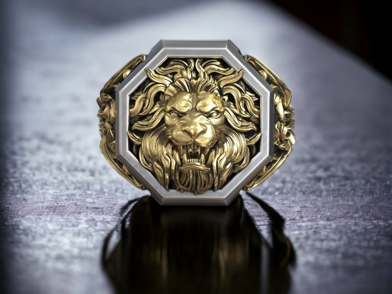 Men Signet Lion Head Ring, Leo Zodiac Ring, Unique Ring for Man, Animal Signet Ring, Astrology Signet Ring, Victorian Men Ring image 1