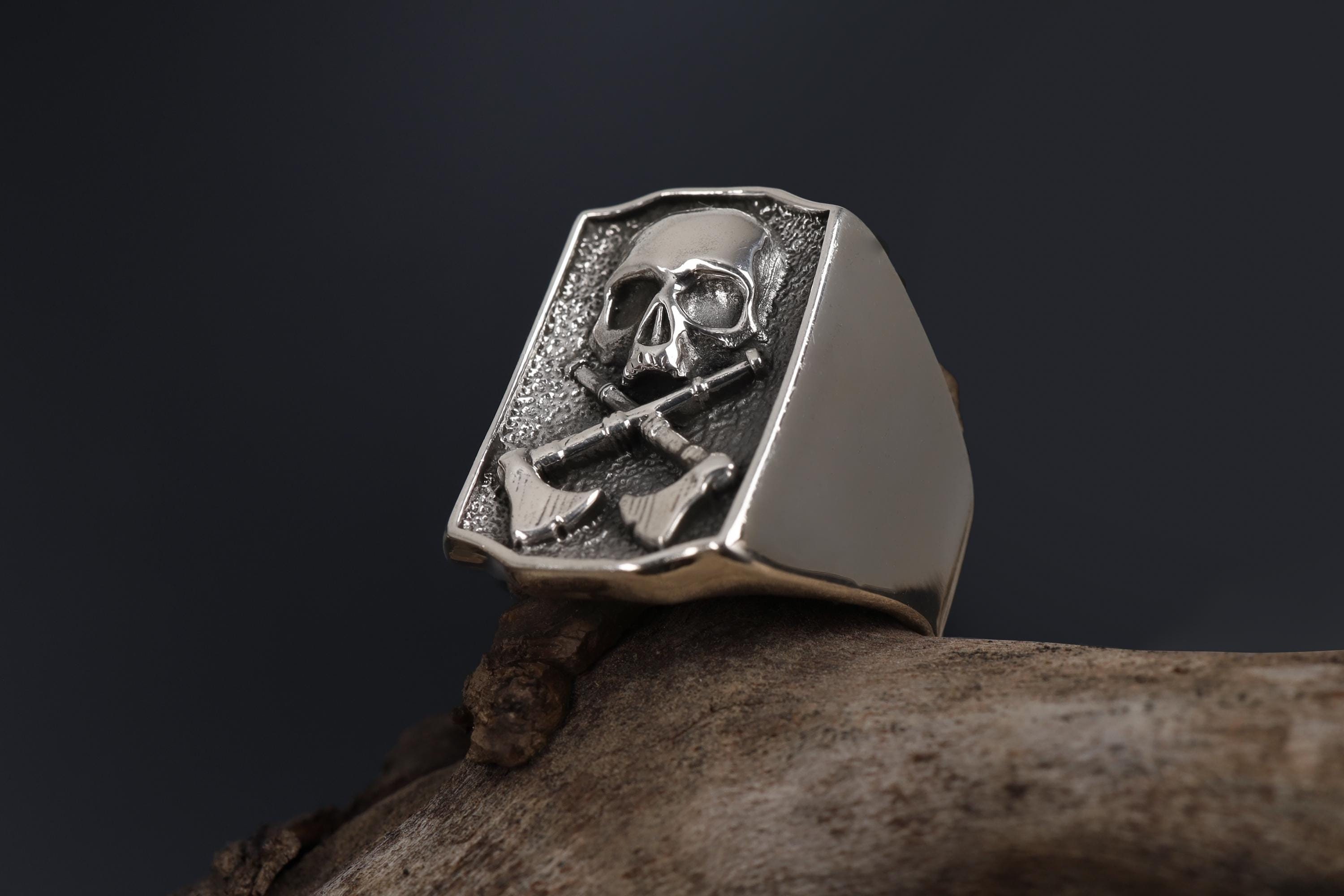 Handmade Sterling Silver Skull and Axes Signet Ring, Gothic Biker