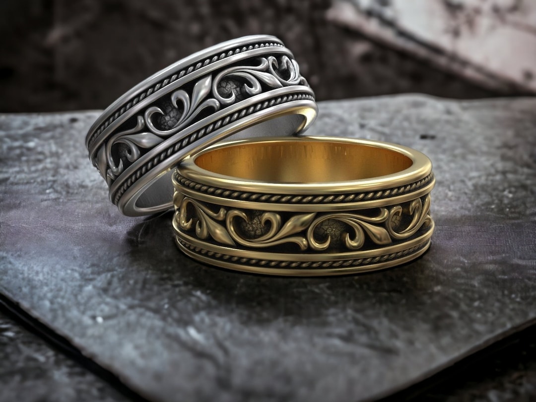 Sterling Silver Vintage Men Wedding Band, Floral Men Engagement Ring, Engraved Ring, Men Silver