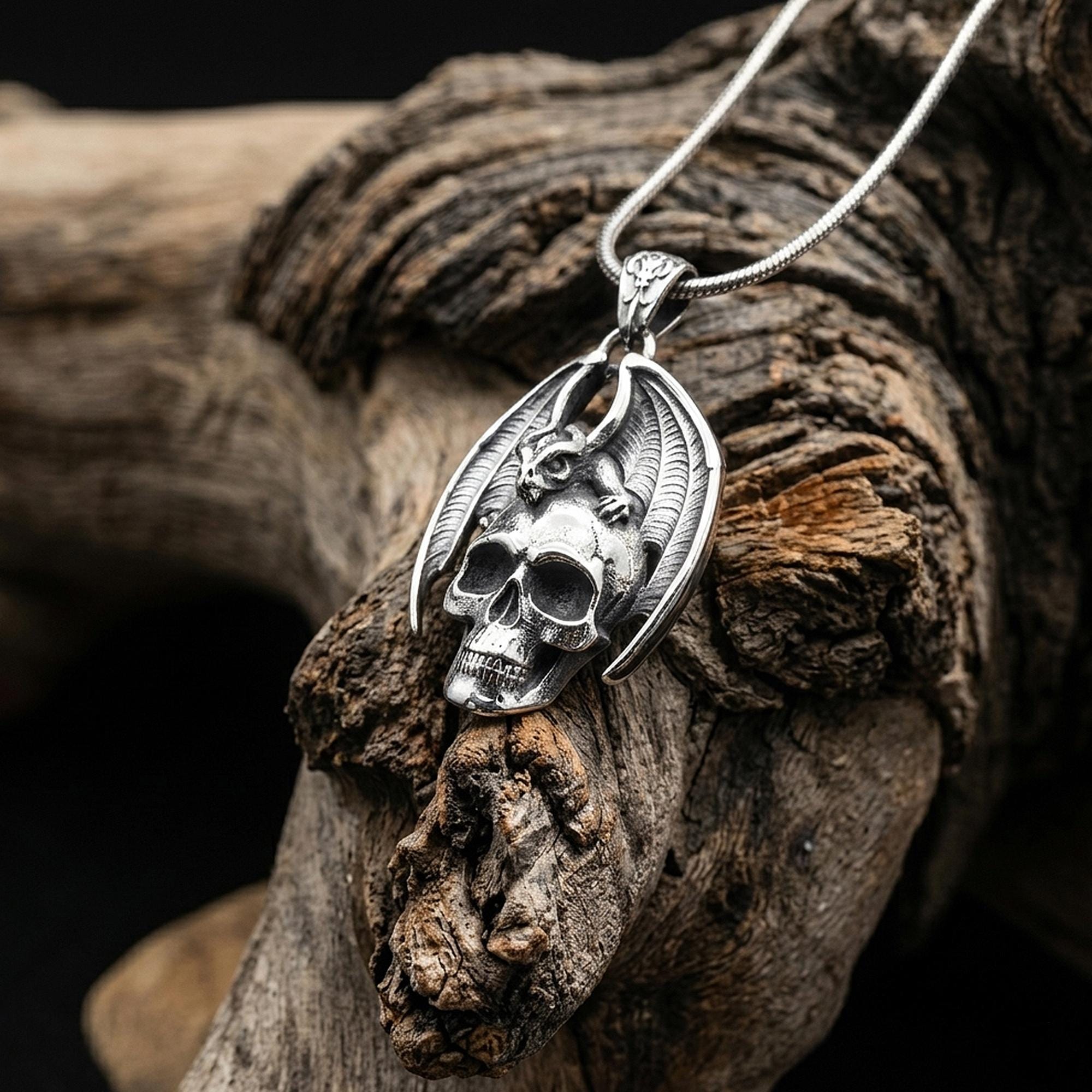 アクセサリー Trygod Silver925 skull necklace Handmade Sterling Silver Dragon Skull Necklace, Gothic Fantasy