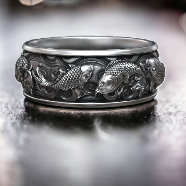 Carp Koi Fish Ring, Gold Plated Ring, Handmade Men's Band Ring, Wedding Ring, Japanese Fish Nature Inspired Ring, Men Silver Ring, Cool Ring
