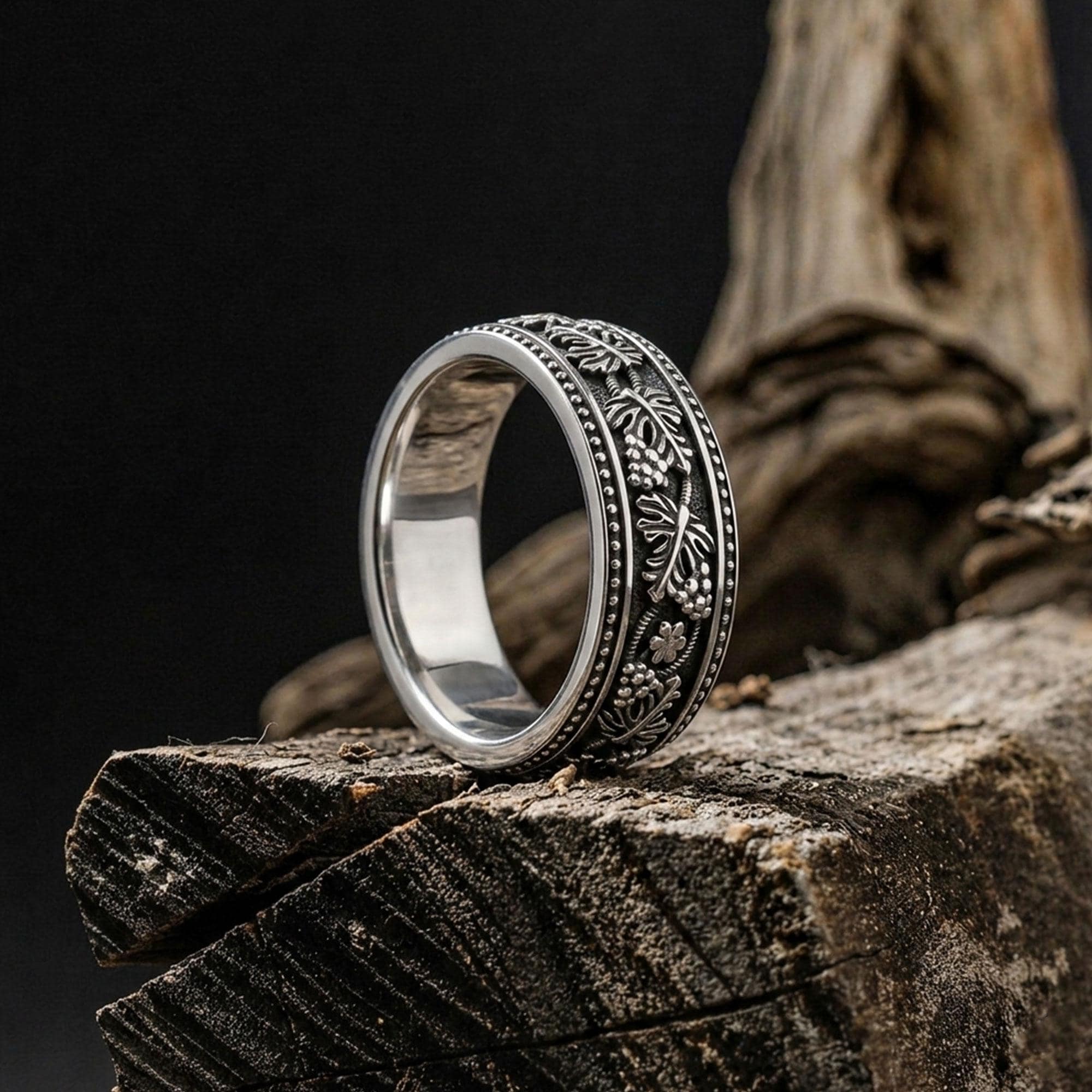 スターリングシルバーのブドウの枝リング：つる模様のメンズ結婚指輪