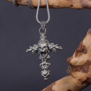 Textured Skull Cross Necklace, Gothic Christian Necklace, Scary Skull Head with Cross Pendant, Large Cross Necklace, Christian Gift for Him
