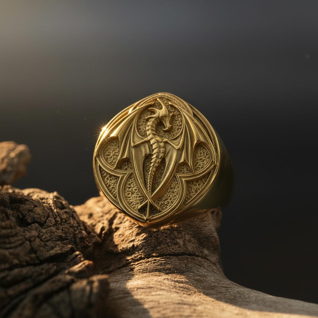 Handmade Gold Plated Dragon Signet Ring: Fantasy Statement Jewelry ...