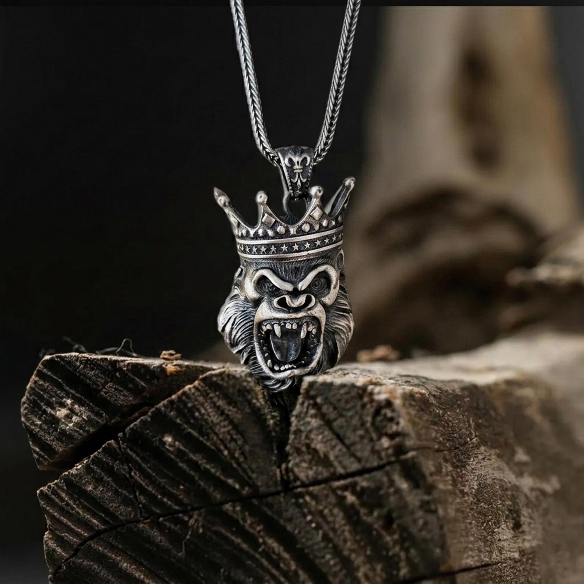 Sterling Silver King Kong Gorilla Head Pendant Necklace, Gothic