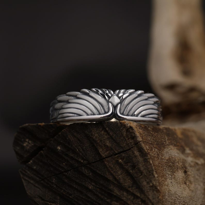 Angel Wings Band Ring, Guardian Angel Ring For Him, Gold Plated Angel Jewelry, Silver Men Wedding Ring, Unique Wedding Band for Husband Silver