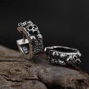 Gothic Skull Hoop Earrings, Punk Earrings, Skull Jewelry, Large Skull Hoop Earrings for Men, Gothic Jewelry Gift, Gift for Biker Boyfriend