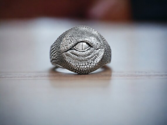 Sterling Silver Dragon Eye Ring: Mythical Creature Signet Men Ring