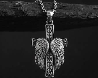 Winged Cross Pendant Necklace, Sterling Silver Angel Wings, Mens Religious Christian Gift Jewelry