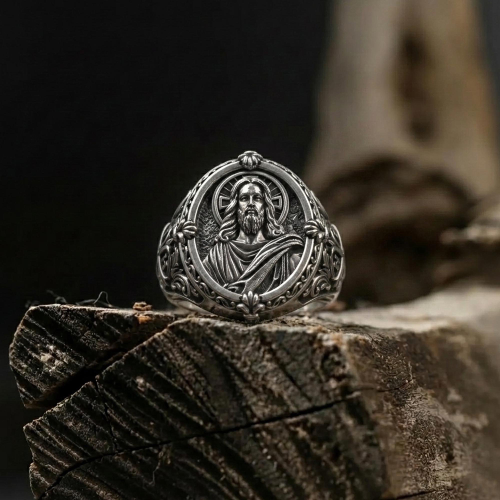 Sterling Silver Jesus Christ Signet Ring, Men’s Religious Statement ...
