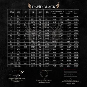May include: A ring size conversion chart showing USA, UK, CA, DE, EU, and BR sizes, with circumference in mm and inches, and diameter in mm and inches. Includes instructions for measuring finger size.