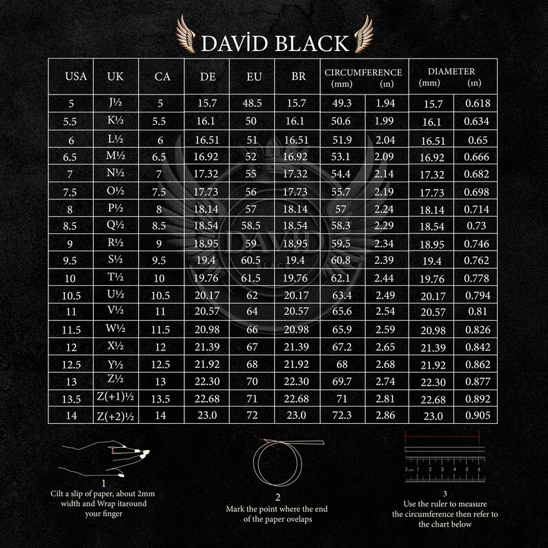 May include: A ring size conversion chart showing USA, UK, CA, DE, EU, and BR sizes, with circumference in mm and inches, and diameter in mm and inches. Includes instructions for measuring finger size.