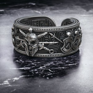 Greek Spartan Helmet Band Ring, Spartan Warrior Helmet Band Ring, Mythical Jewelry, Greek Silver Ring for Men, Nordic Man Accessory image 2