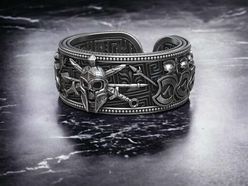 Greek Spartan Helmet Band Ring, Spartan Warrior Helmet Band Ring, Mythical Jewelry, Greek Silver Ring for Men, Nordic Man Accessory image 2