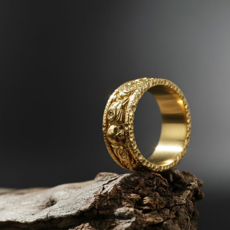 blumigen Schädel Ehering: Rose und Schädel-Band-Ring, Gothic Hochzeit für Ihn, Rosen der Ewigkeit Ring Bild 8