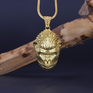 Gold Plated Fierce Ape Necklace, 925K Silver Large Gorilla Necklace, Bold Handmade Statement Jewelry, Jungle Beast Necklace, Ape Jewelry