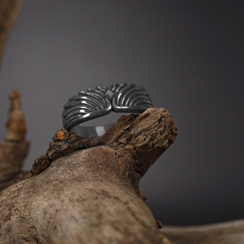 Angel Wings Band Ring, Guardian Angel Ring For Him, Gold Plated Angel Jewelry, Silver Men Wedding Ring, Unique Wedding Band for Husband Rhodium Plated