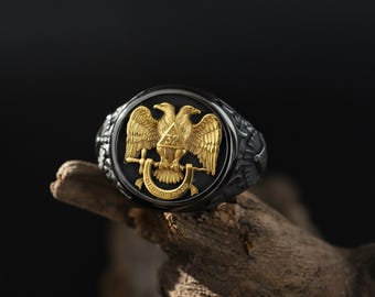 Anello Massonico Uomo Acciaio Inox - Doppia Testa D'Aquila 32° - Vintage Stile Biker/Gothic