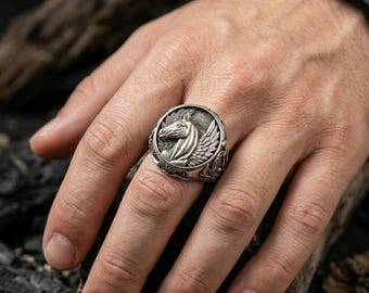 Sterling Silver Pegasus Ring, Mythology Flying Horse Signet