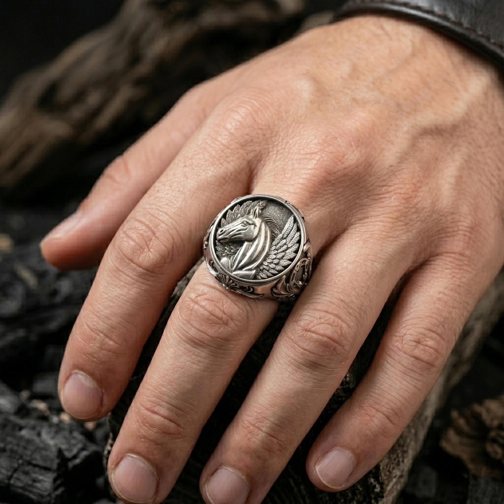 Sterling Silver Pegasus Ring, Mythology Flying Horse Signet 