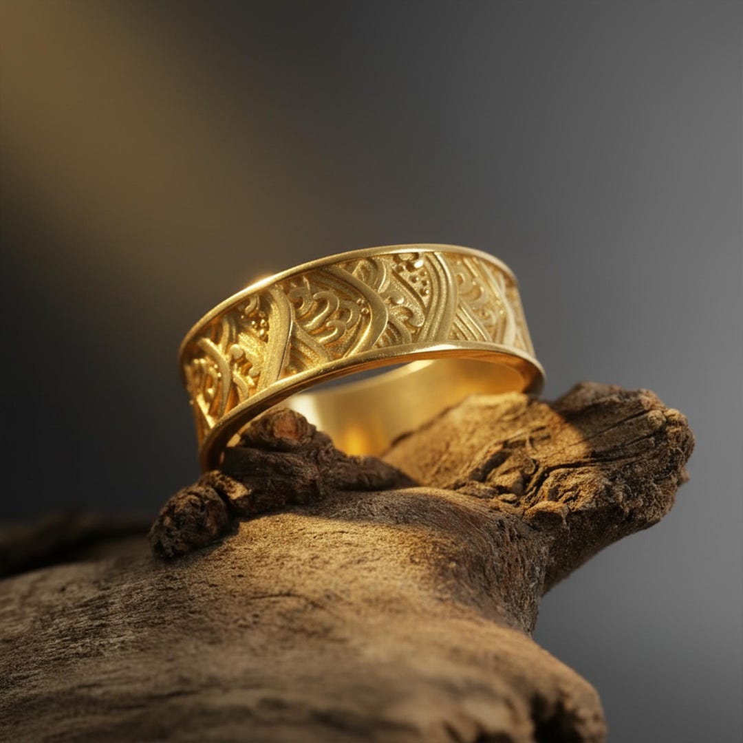Gold Plated Wave Ring: Japanese Seascape Statement Band, Hokusai