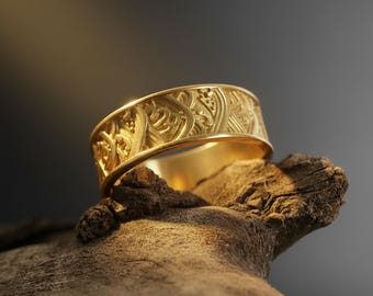 Gold Plated Wave Ring: Japanese Seascape Statement Band, Hokusai Ocean Jewelry