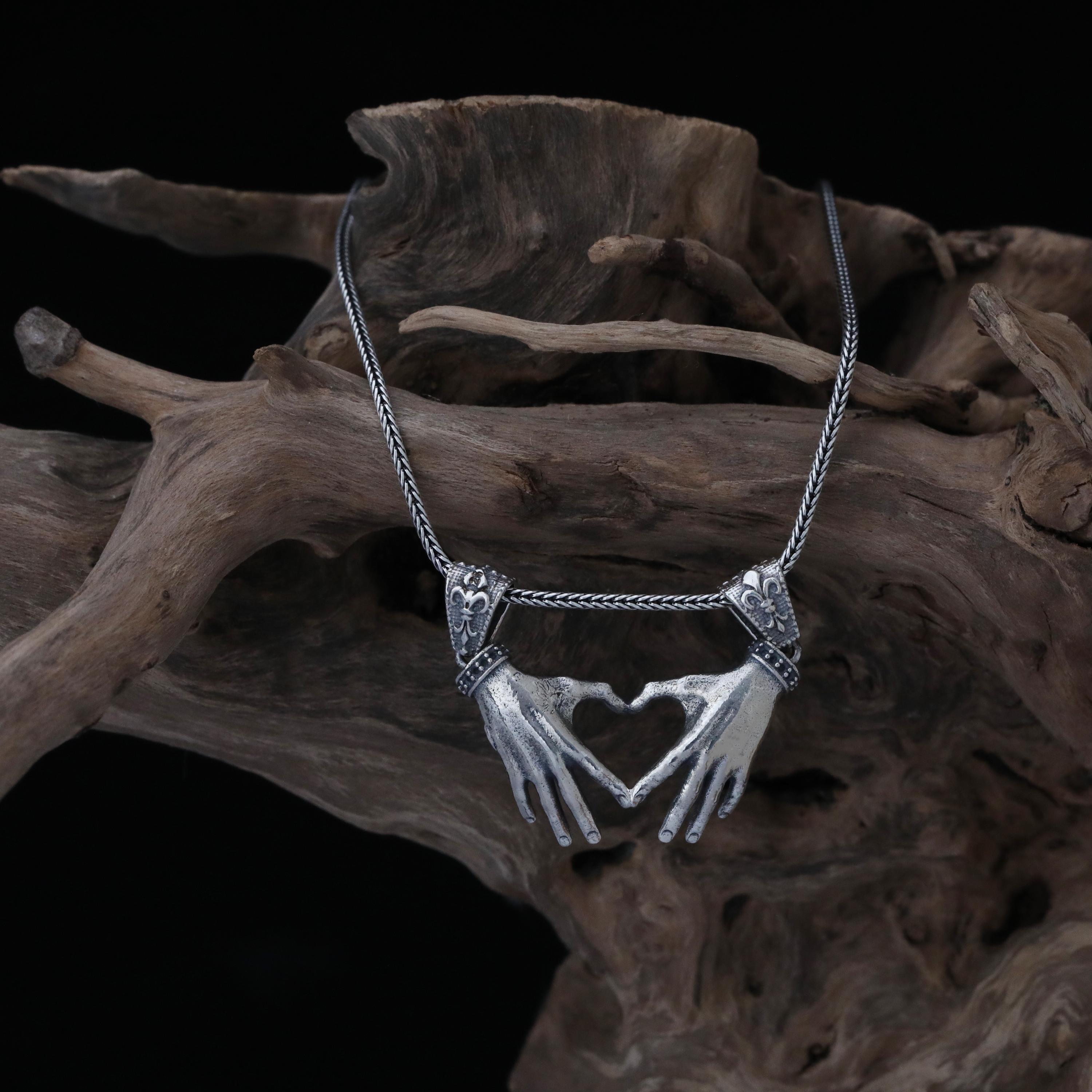 Silver Heart Hands Necklace for Men: Interlocking Hands Love