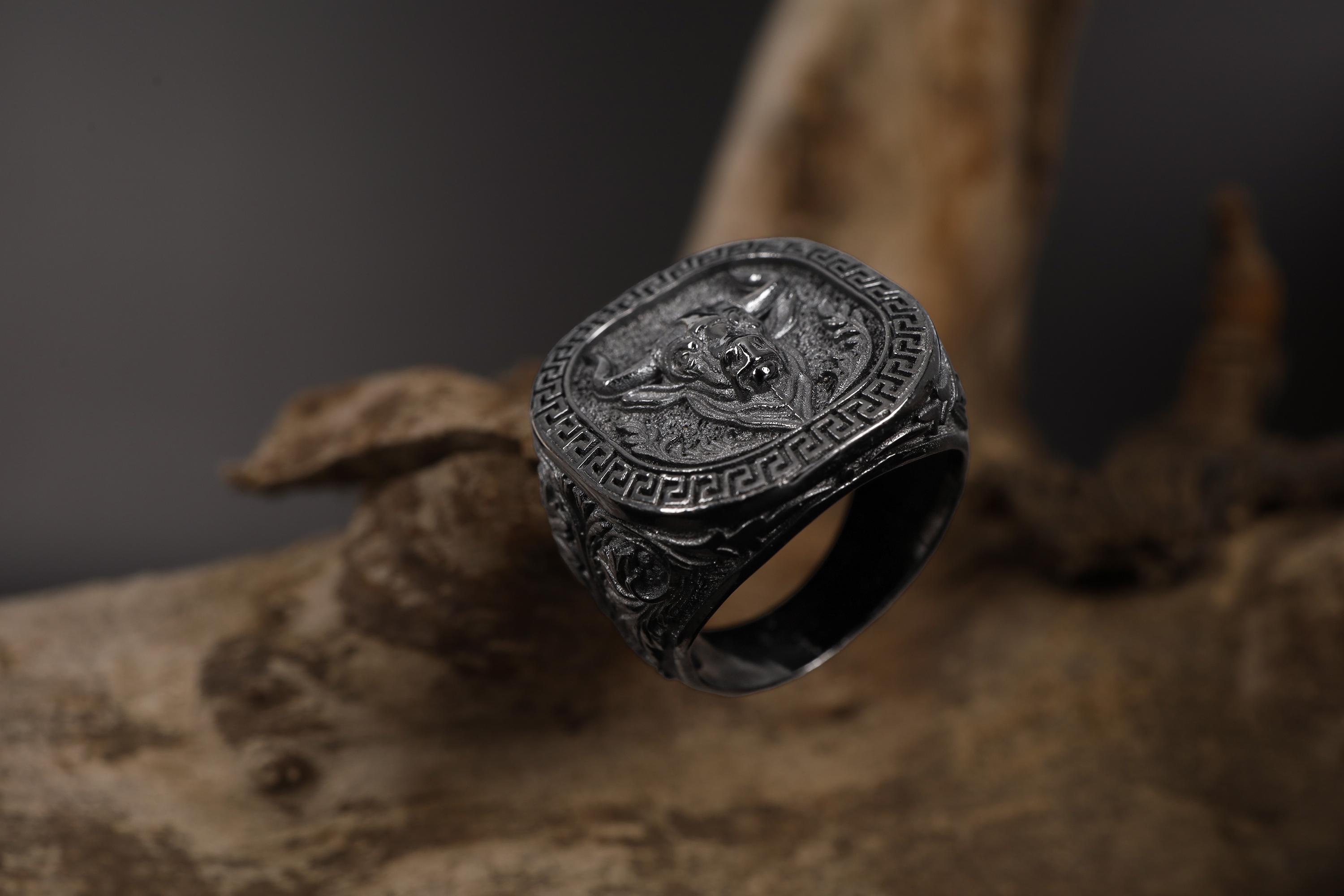 Sterling Silver Signet Bull Ring: Greek Ornament, Taurus Men 