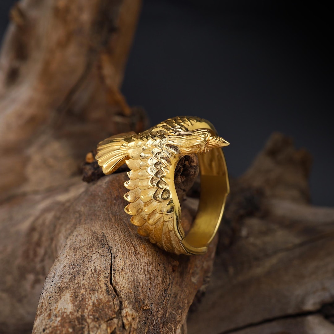 Gold Plated Raven Ring: Norse Mythology Spread Wing Bird Jewelry