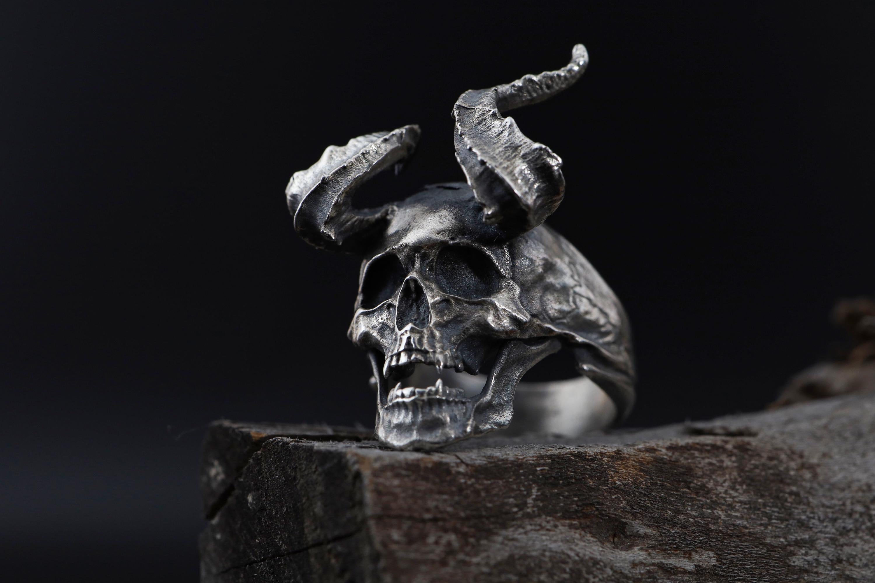 Gold Plated Demon Head Ring: Lucifer Skull Ring, Evil Skull Ring