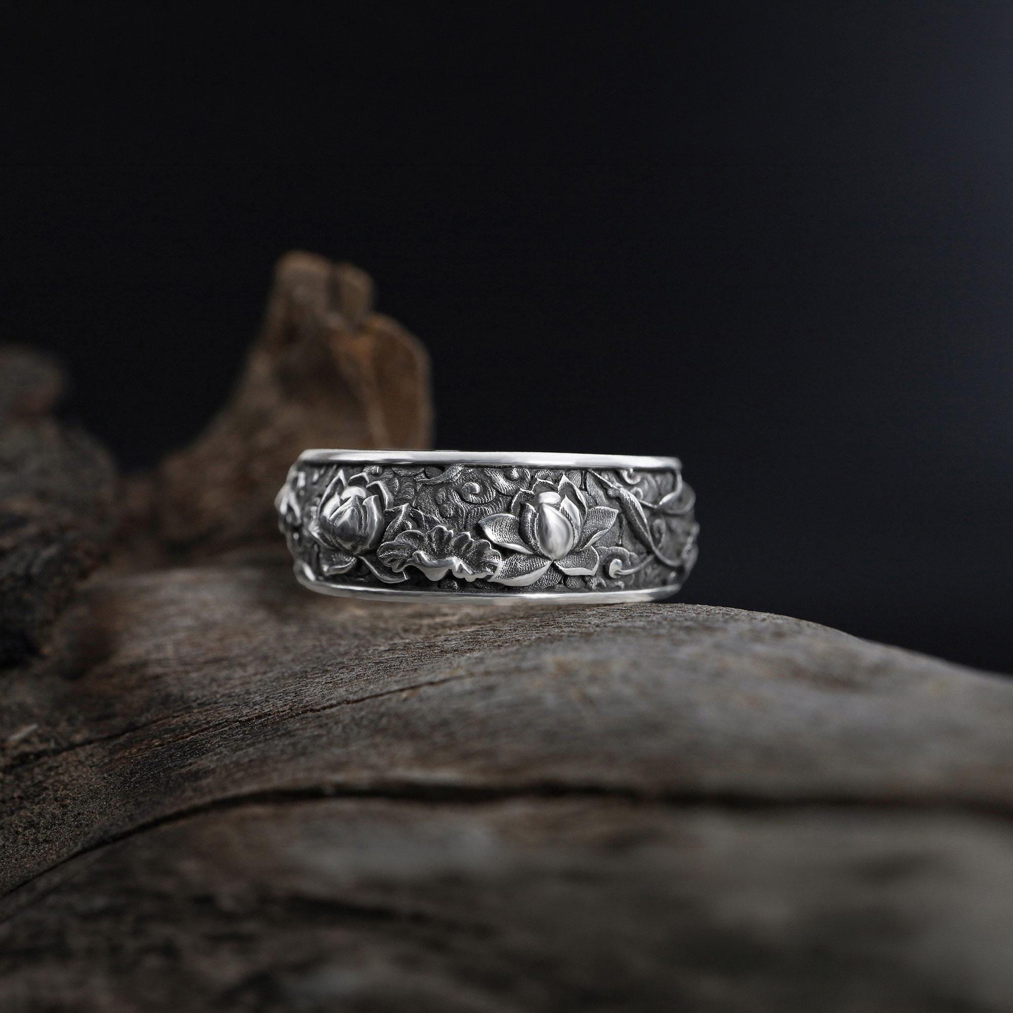 Japanese Lotus Sterling Silver Band Ring, Kanji Wedding Jewelry - Etsy