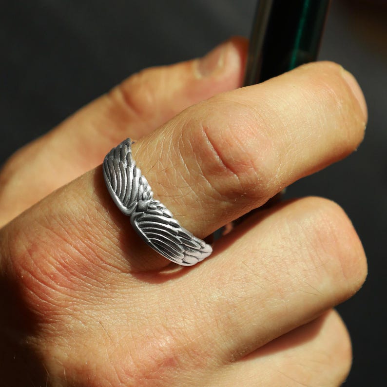 Angel Wings Band Ring, Guardian Angel Ring For Him, Gold Plated Angel Jewelry, Silver Men Wedding Ring, Unique Wedding Band for Husband image 8