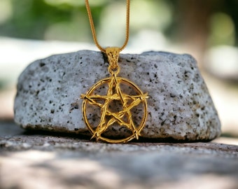 Gold Plated Pentagram Necklace, Large Pentagram Pendant, Satanic Pentacle Necklace, Wiccan Pentagram Necklace, Gothic Jewelry